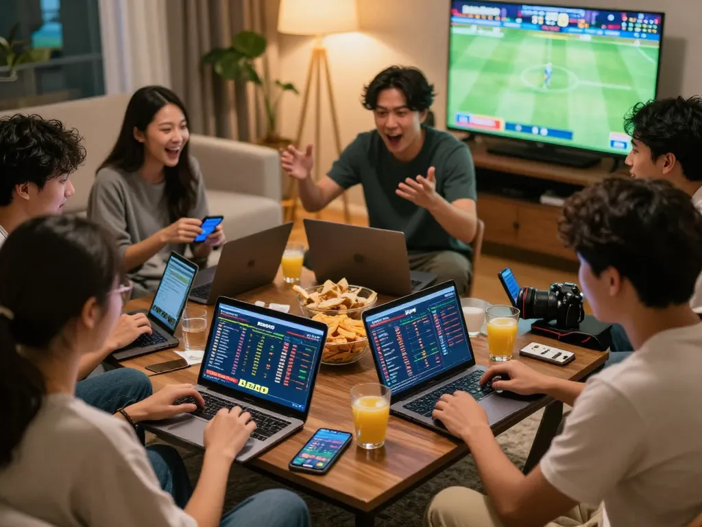 Engaging friends in a lively sports betting session using Bom88 on laptops and smartphones.