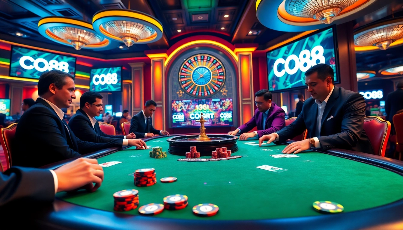 Players strategizing at a CO88 high-stakes poker table, showcasing vibrant chips and cards.