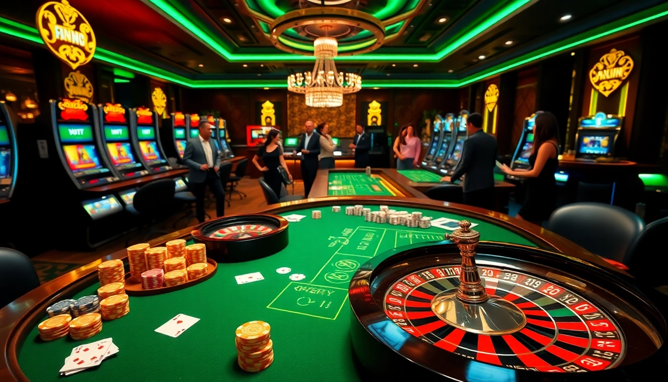 Experience fun88 with vibrant poker chips and a roulette wheel in a luxurious casino setting.