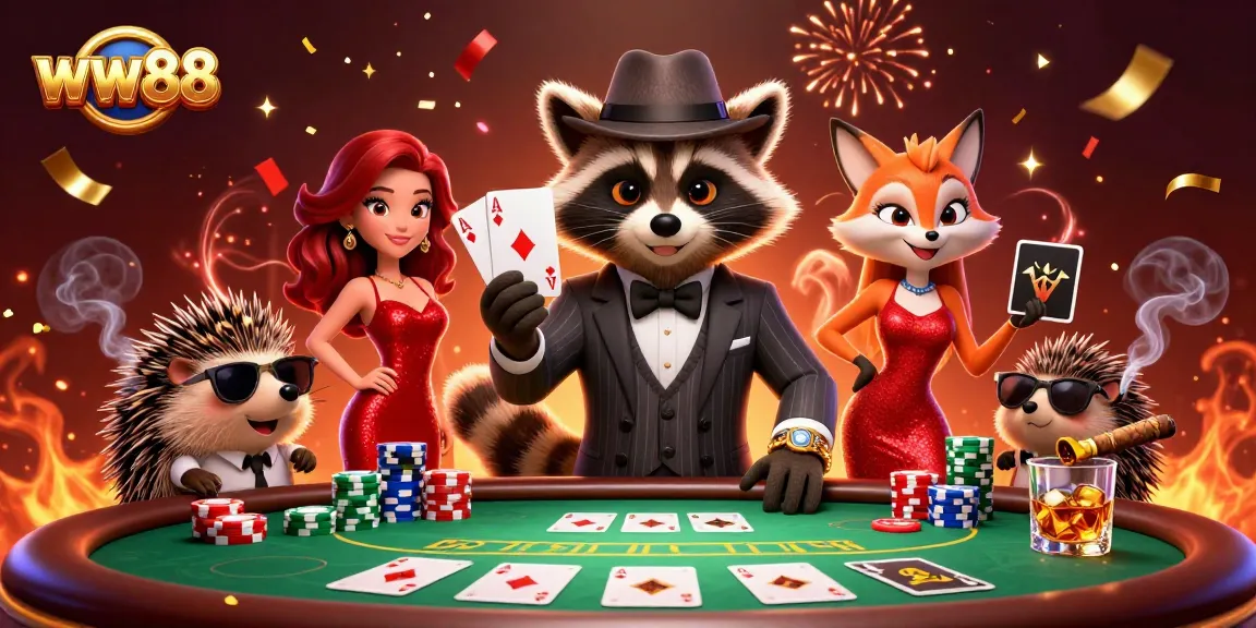 Experience exciting poker action at ww88 with vibrant characters and festive elements in a lively casino scene.