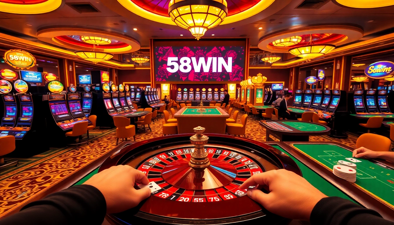 58WIN players engaging in a thrilling casino atmosphere with slot machines and roulette.