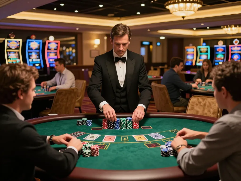 Players engaging in strategic blackjack gameplay at sunwingo casino, vibrant chips and cards create excitement.