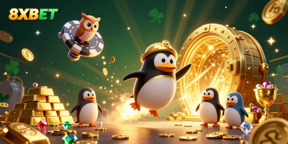Join the thrilling adventure at 8XBET, where a golden penguin leads to casino treasures!
