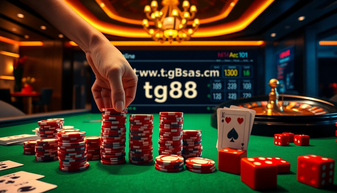 Strategic poker player placing bets with https://tg88.actor/ poker chips and cards in an upscale casino setting