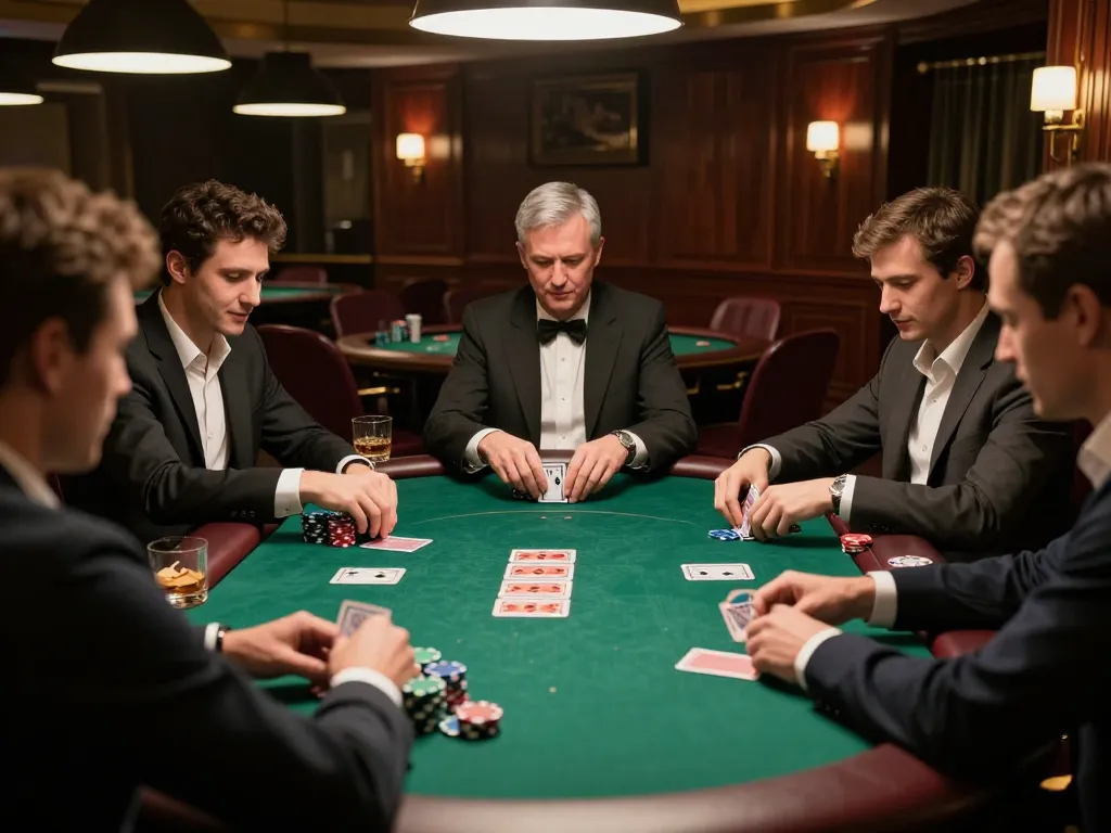 Players engaged in a strategic GK88 poker game, analyzing their hands around a felt table, vibrant atmosphere.