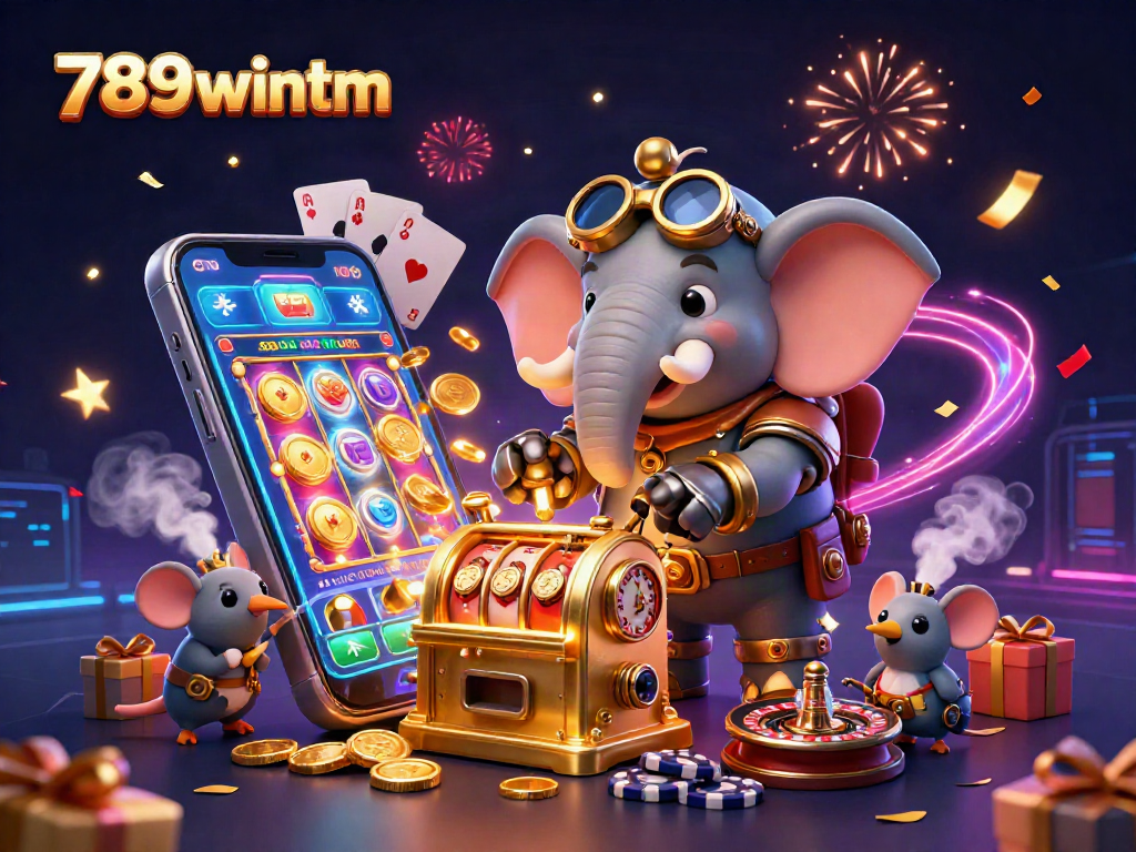 Spin the golden slot machine with the steampunk elephant at 789wintm, surrounded by festive casino elements.
