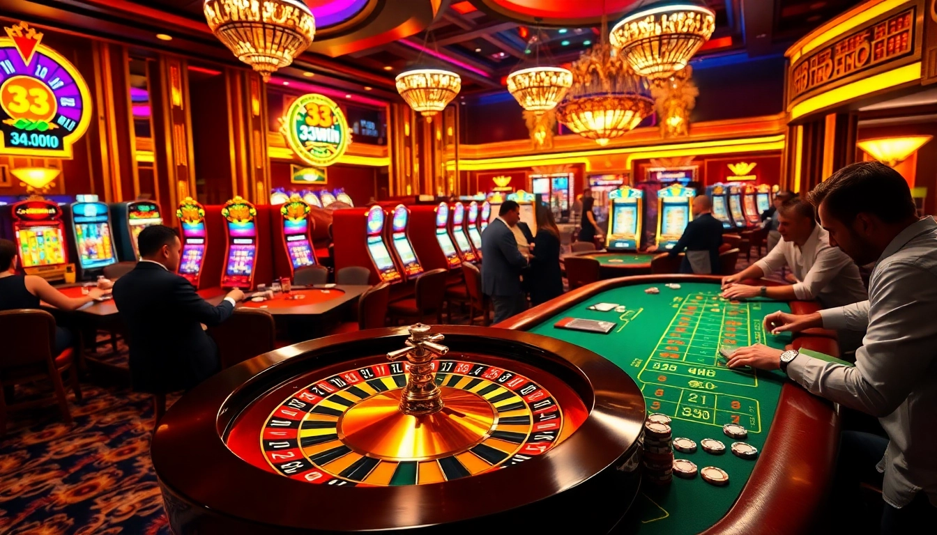 Experience the thrill of 33win with vibrant casino elements like roulette and poker tables.