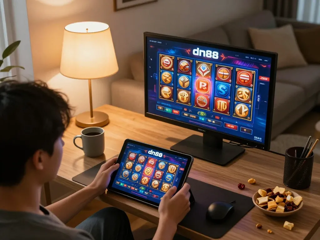 Engaging in online gaming on dn88 trang chủ with diverse slot games visible on the tablet