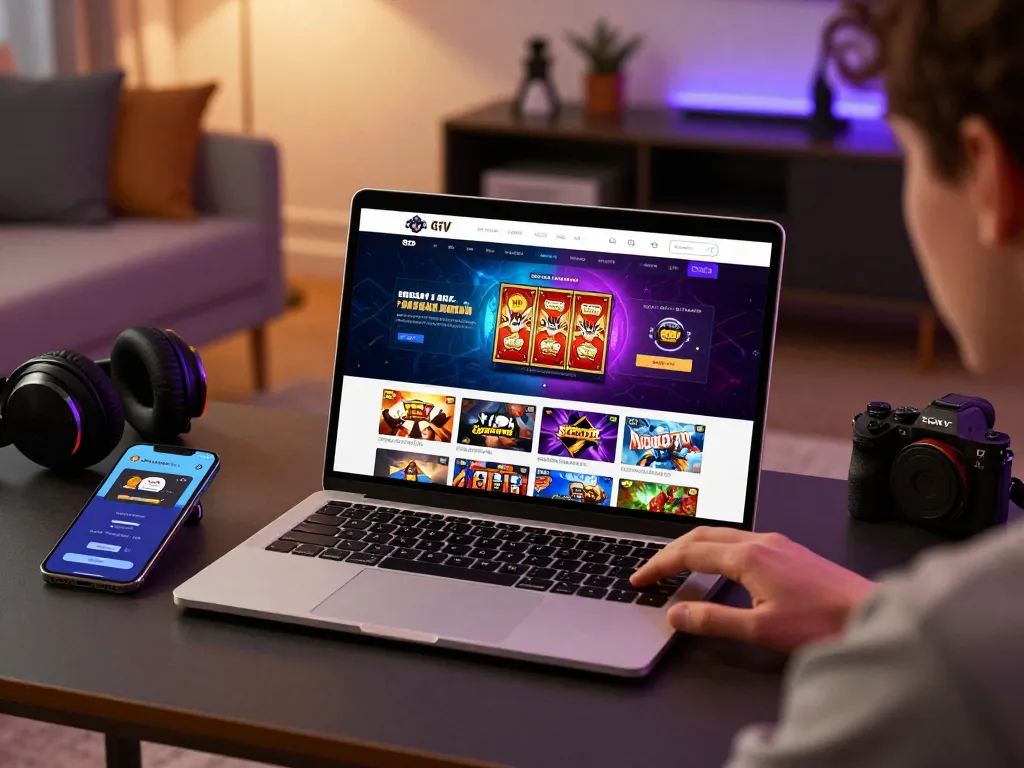 Experience engaging gaming with Sunwin's vibrant online platform, showcasing easy navigation, a sleek laptop setup, and inviting ambiance.