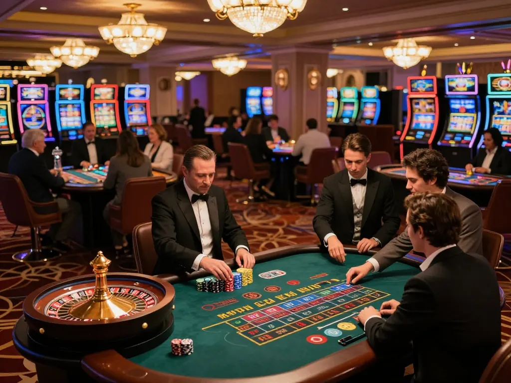 Experience the excitement of ve88 at a luxurious casino with active roulette and blackjack tables.