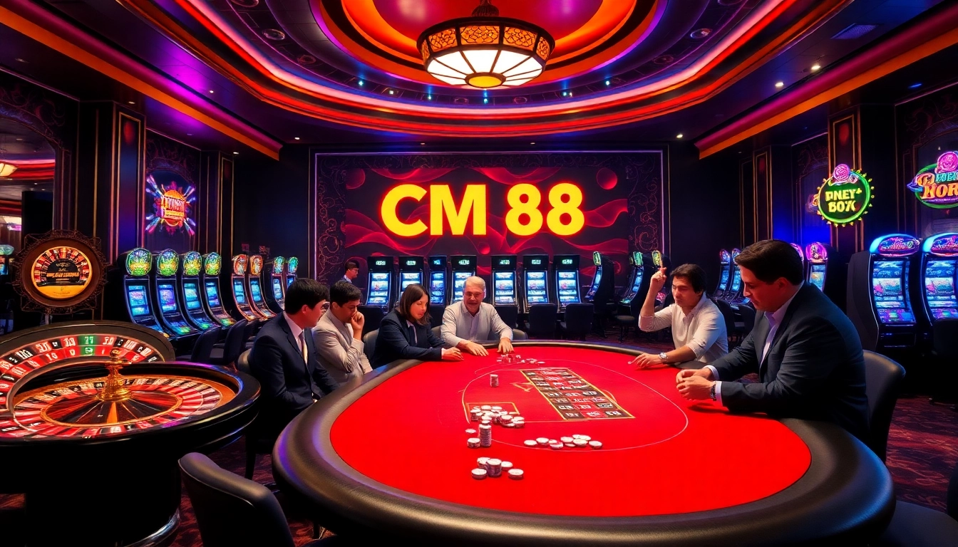 Action-packed scene of CM 88 casino excitement with poker players and colorful slot machines.
