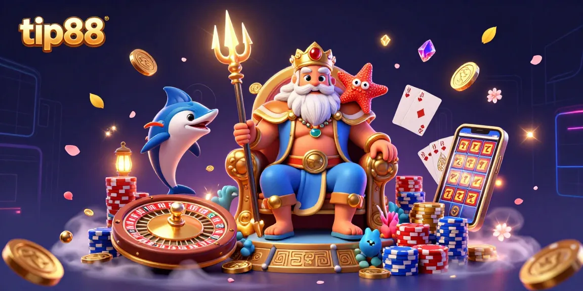 Spin big with tip88 in this vibrant casino scene featuring Neptune and dynamic gaming elements.