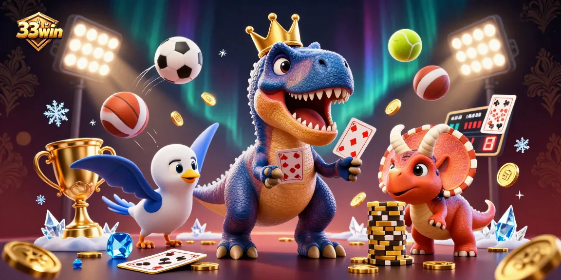 Experience the thrill of 33win with animated dinosaurs engaging in exciting casino action.