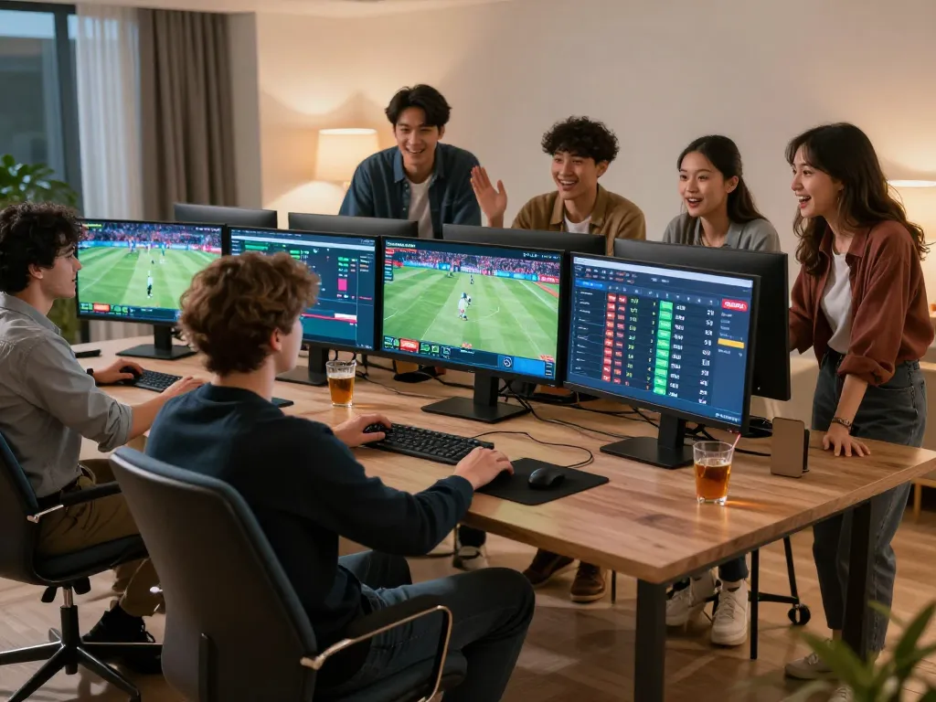 Engaged bettors strategizing online sports betting on SBOTOP, showcasing excitement and technology