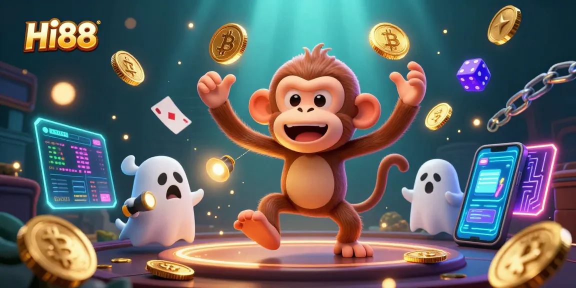 Track amazing wins with HI88 in this vibrant 3D haunted casino scene featuring crypto elements.
