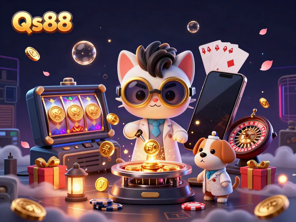 Experience thrilling gaming adventures with Qs88's lively casino scene featuring cartoon characters and slot elements.