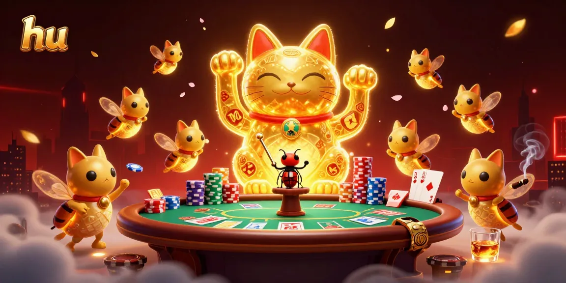 Spin the reels with hu, a vibrant lucky cat and casino symbols creating excitement.