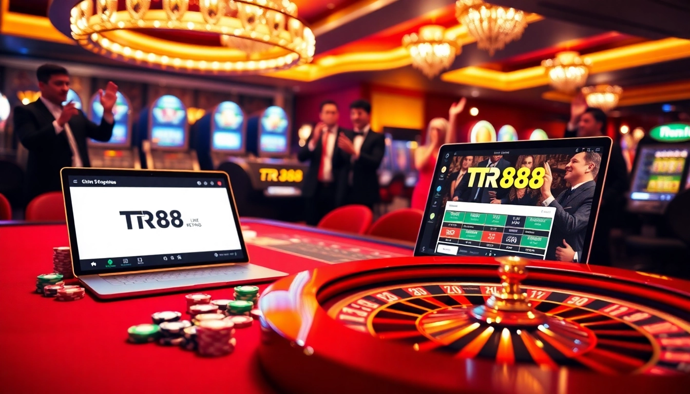 Engaging gamblers at the TR88 online casino with a vibrant table scene and interactive laptop.