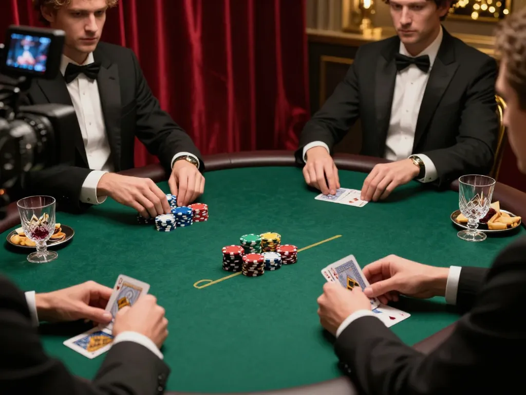F8BET players engaging intensely at a high-stakes poker game, showcasing winning cards and chips.