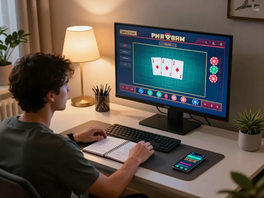 Player engaging in live dealer game on desktop, exploring luckywin betting options comfortably at home.