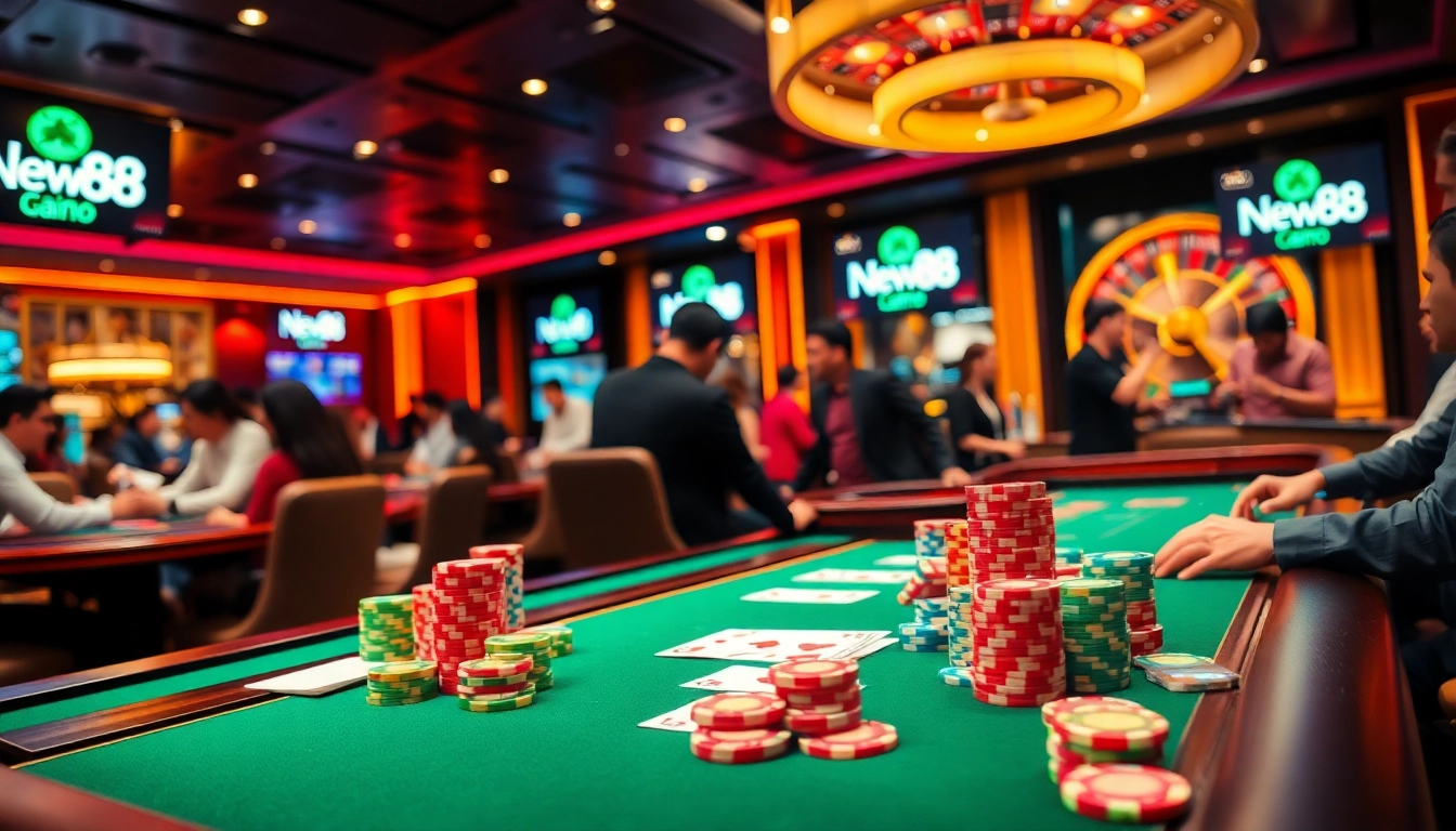 Join the excitement of online gambling with NEW88's dynamic casino scene featuring poker chips and roulette.
