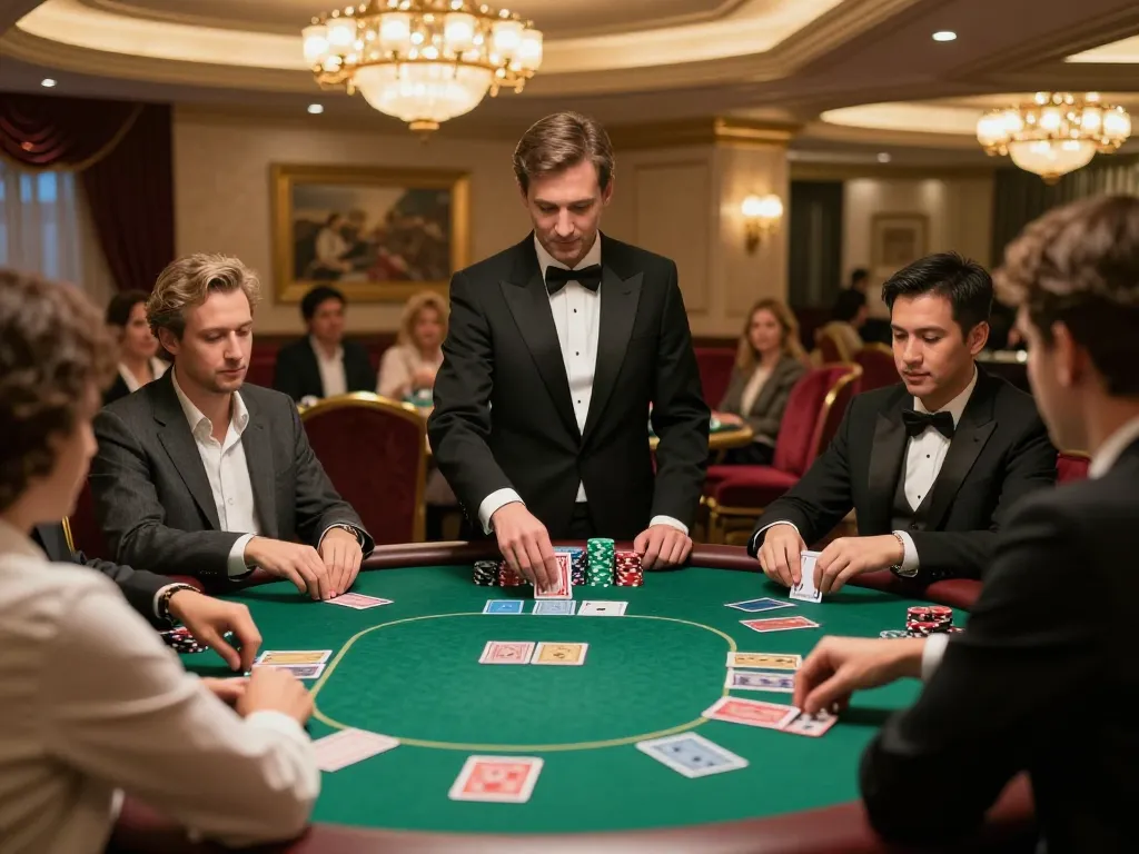 five88 players strategizing at an upscale poker table with chips and cards.