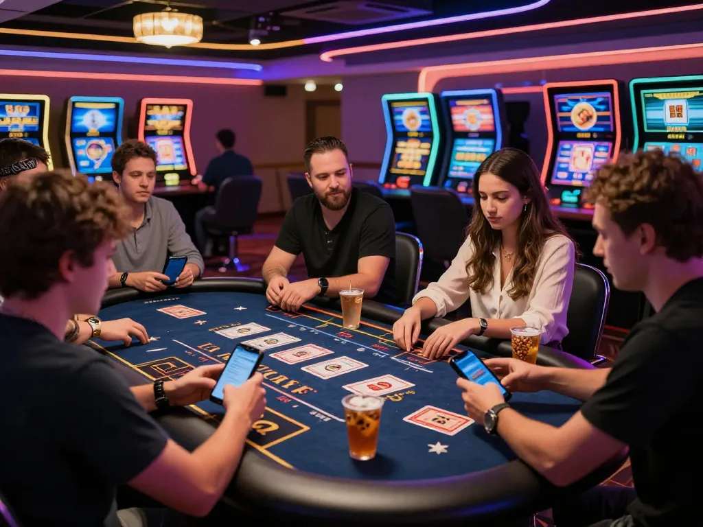 Exciting online betting atmosphere at nk88 with diverse players engaged in games and vibrant casino lights.