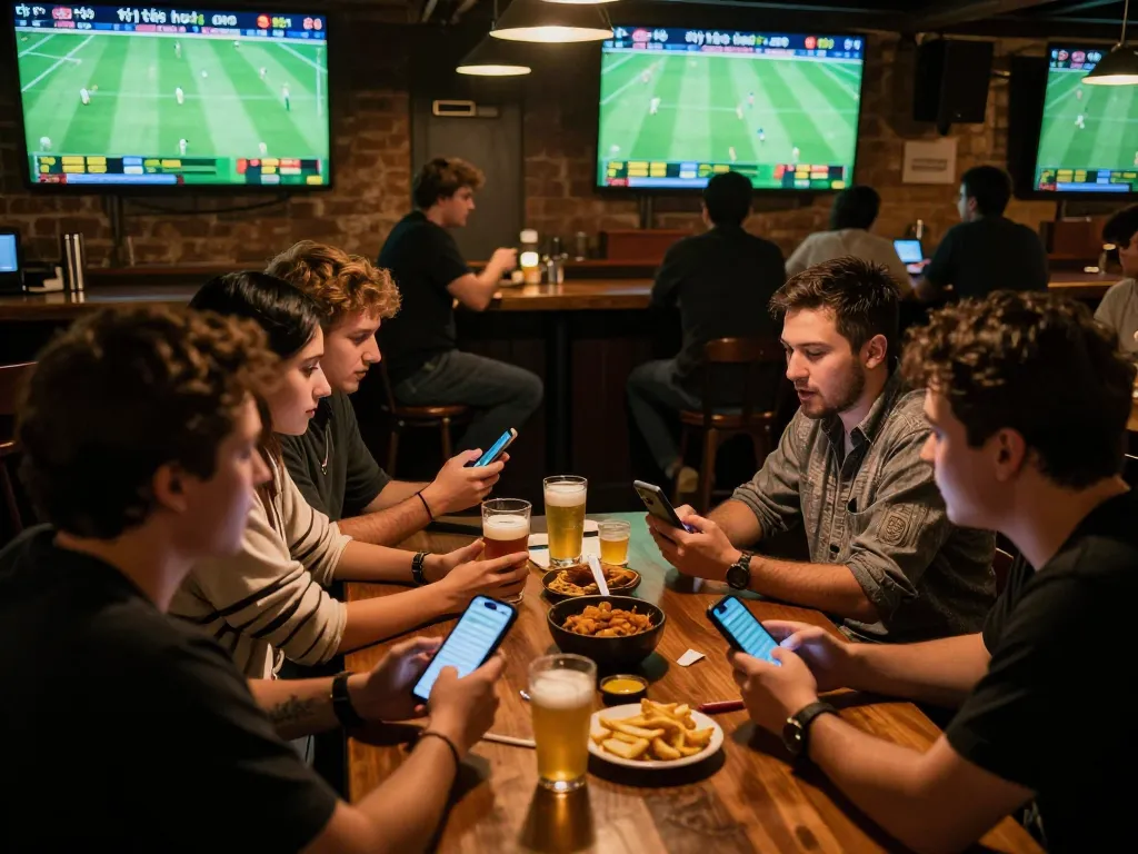 Friends engaging in sports betting while following tỷ lệ kèo nhà cái 5 updates during a live football match