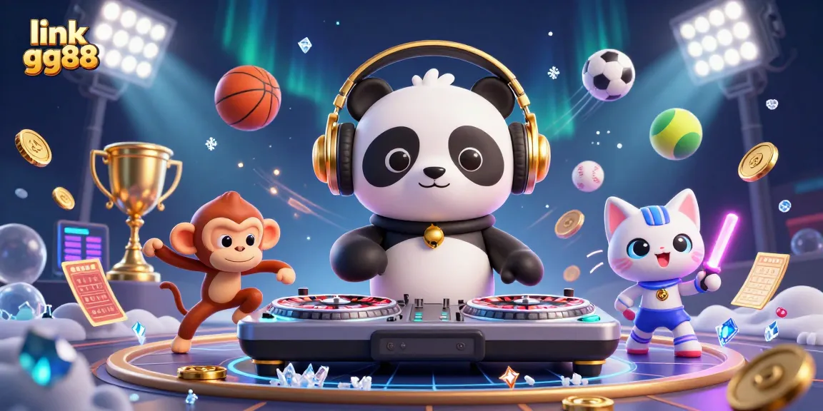 Spin at link gg88 with a lively DJ panda, breakdancing monkey, and glow-stick kitten in a vibrant casino setting.