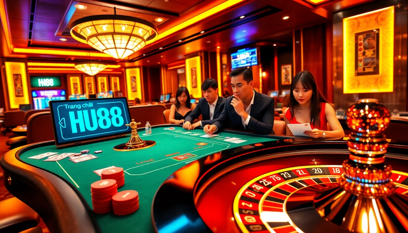 Experience the excitement of Trang chủ HU88 at the lively casino gaming table with vibrant chips.