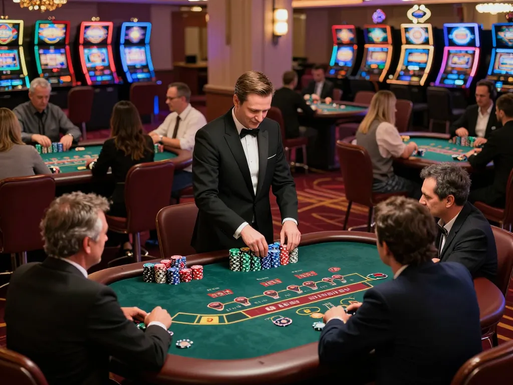 Tic88 dynamic casino scene featuring players engaging at elegant blackjack tables, showcasing lively gameplay.