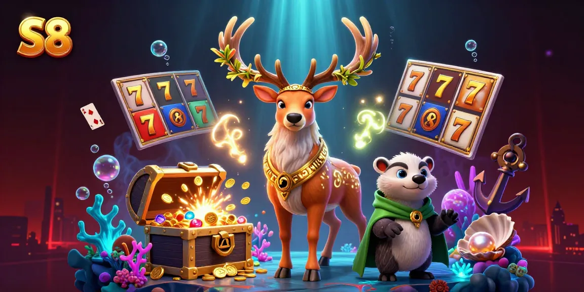 Engage with S8's gaming excitement featuring a Celtic druid stag, badger, and dynamic casino symbols.