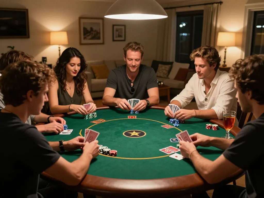 Engaged players enjoying Texas Hold'em at home, showcasing a fun-filled 789win poker night.