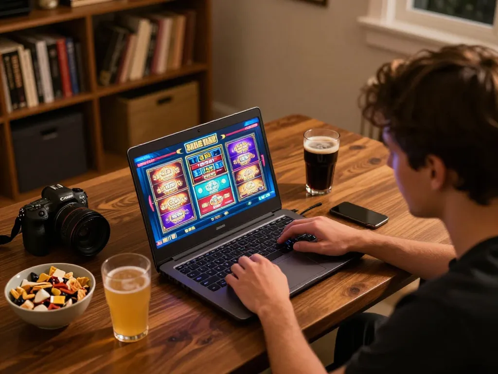 Player wins big on 33win slot games in a cozy home setup with a laptop and snacks