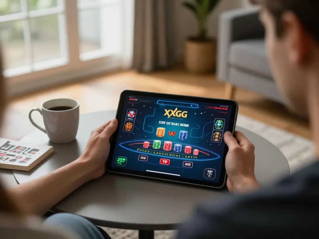 Engaged player enjoying live dealer blackjack on XXGG platform with tablet in cozy home setting.