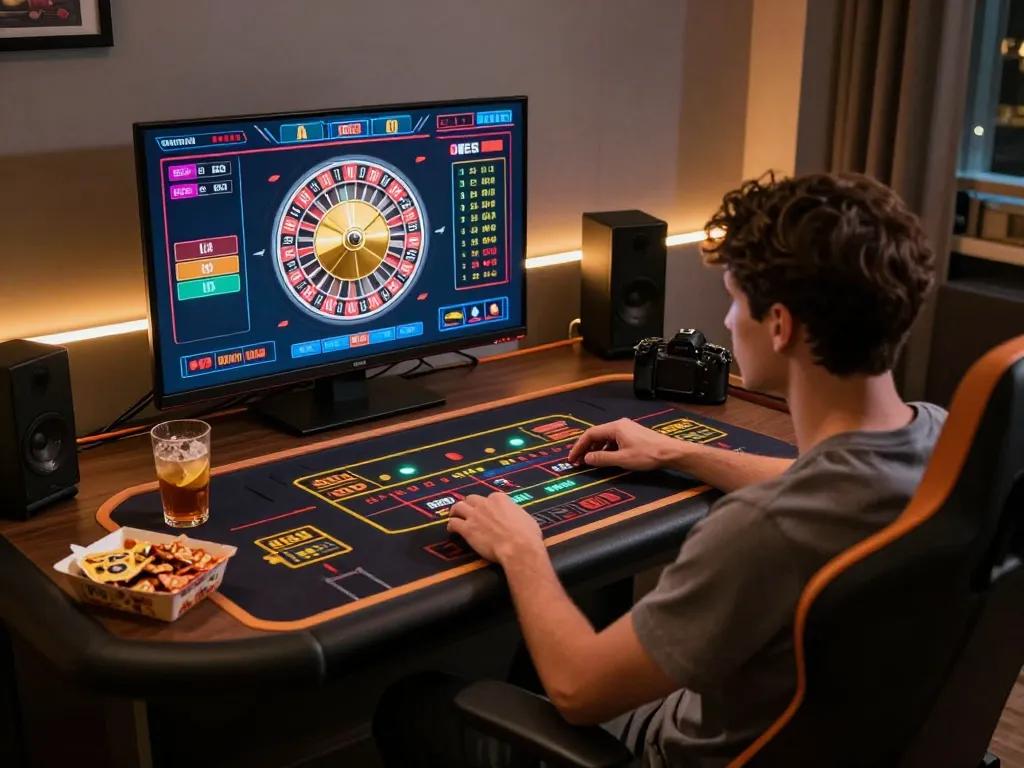 va88 player engaged in online roulette game from home setup, showcasing excitement and strategic betting.