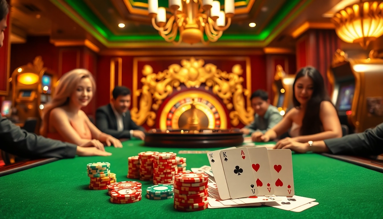 Action at a u888 casino table with vibrant poker chips, cards, and roulette wheel in a luxurious setting.
