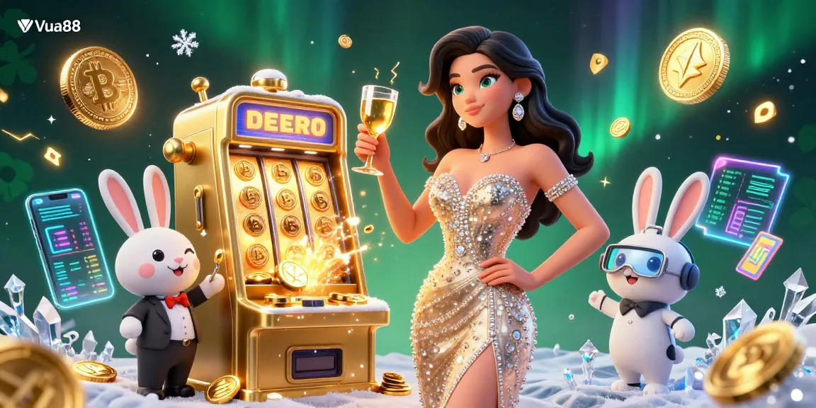 Vua88 celebrates winning moments with a glamorous scene featuring a jackpot slot machine, dynamic characters, and cryptocurrency elements.