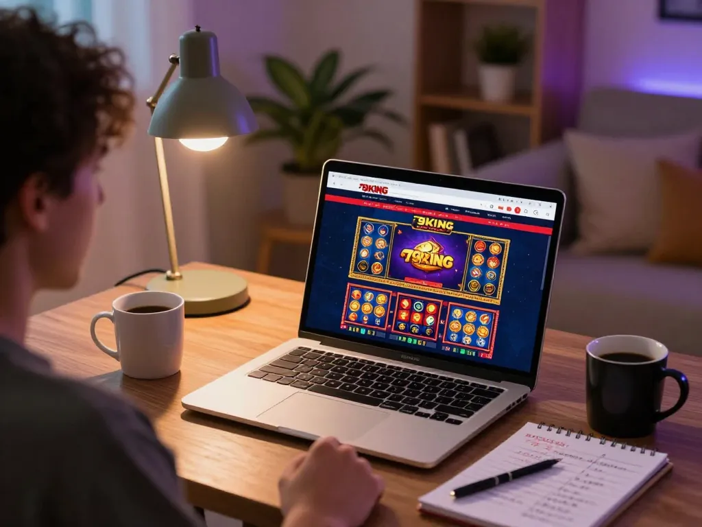 Engaging with 79KING online casino through a laptop at home, showcasing relaxed gaming lifestyle.