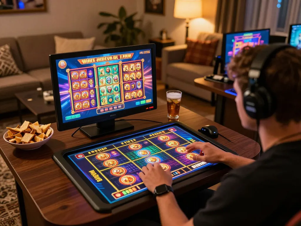 Player enjoying an exciting slot game on 99ok with vibrant graphics and cozy setup.