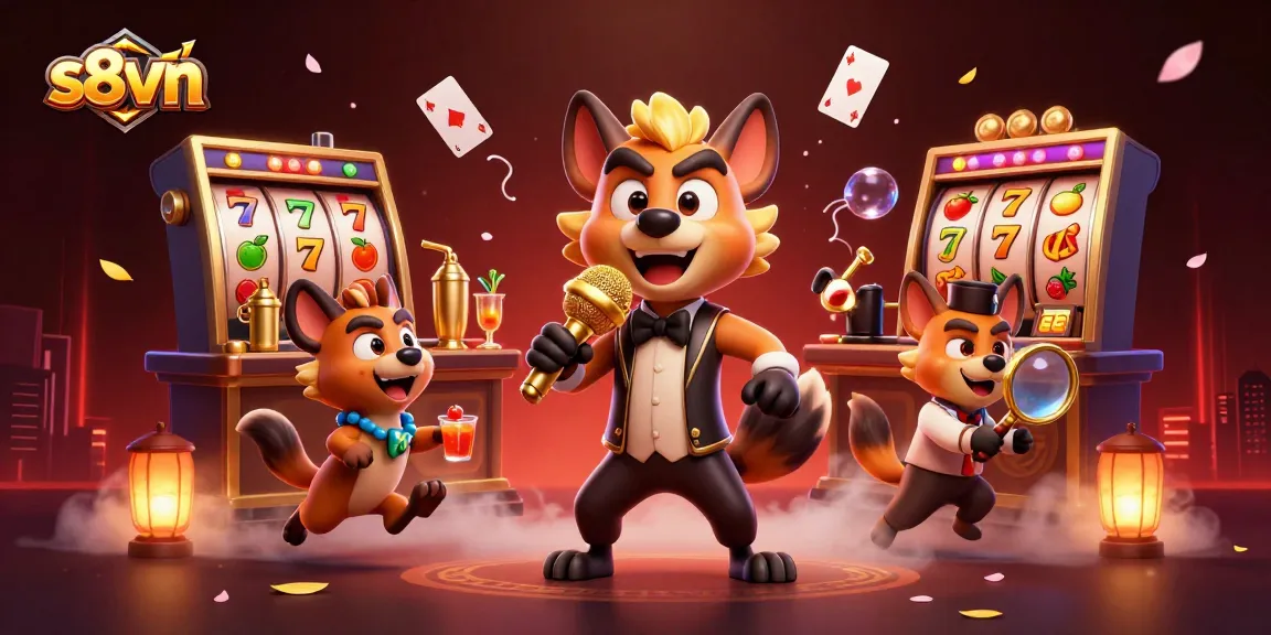 S8vn's lively casino scene features hyenas as a bartender, comedian, and bouncer amidst vivid slot game elements.