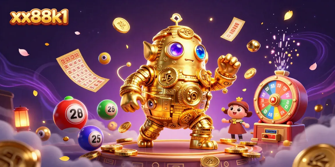 Experience excitement with xx88k1's vibrant golem, colorful lottery balls, and dynamic casino elements.
