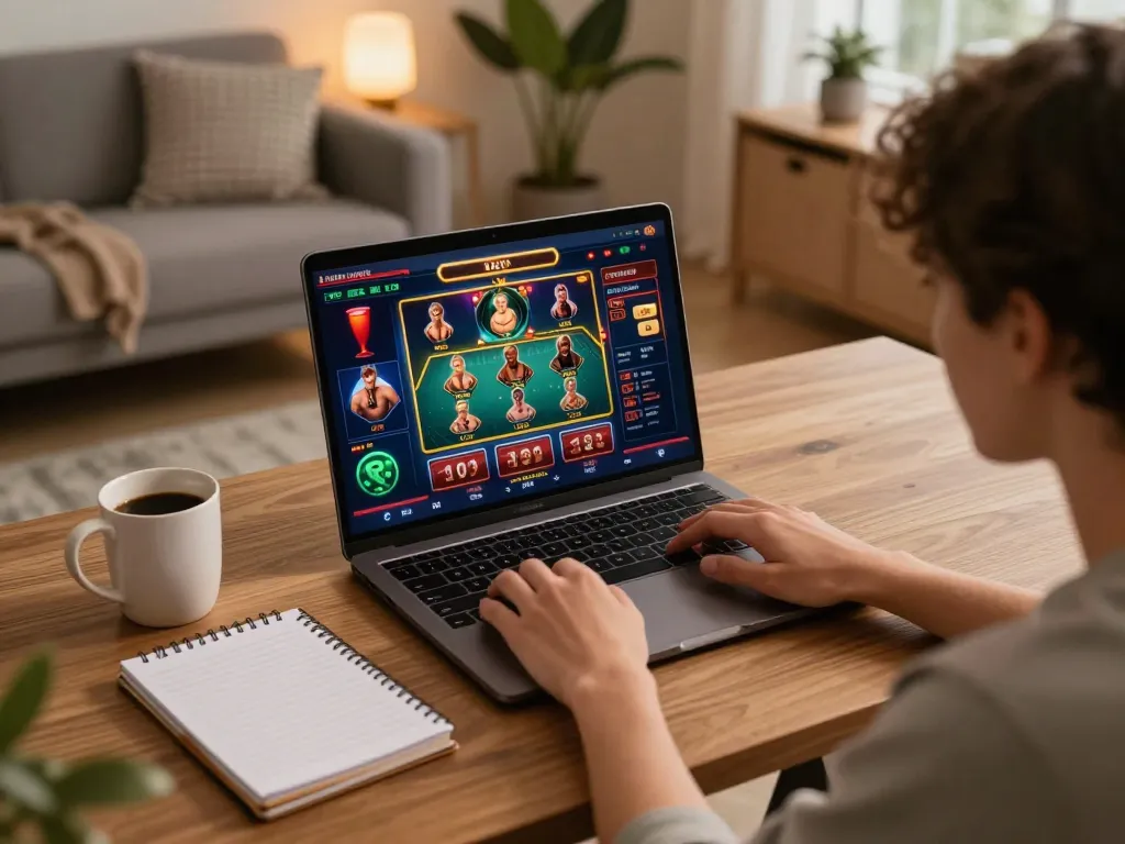Engaging in online gambling at home with a laptop showing link cf68, cozy gaming atmosphere.
