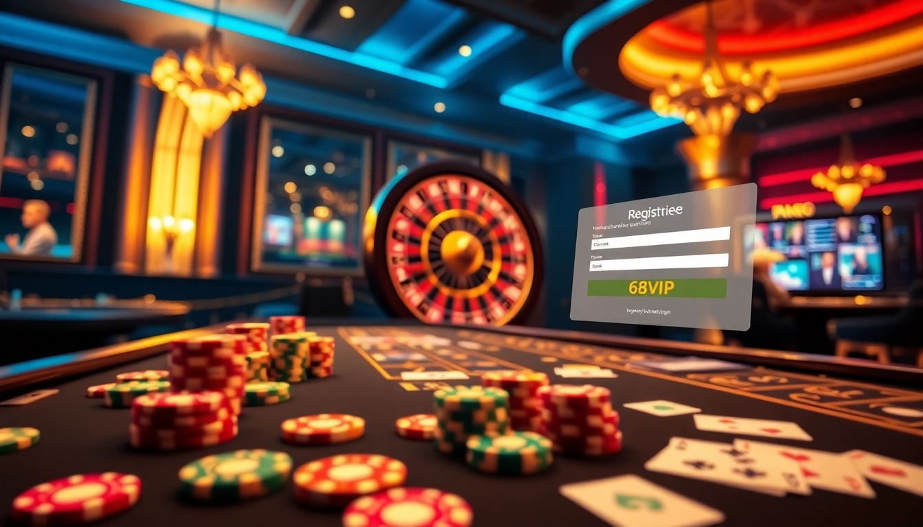 Engaging visual of Đăng Ký Nhà Cái 68VIP registration process at an online casino table.