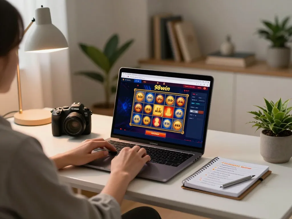 Engaging in online gambling at 98win, showcasing a player strategizing with notebook and laptop.