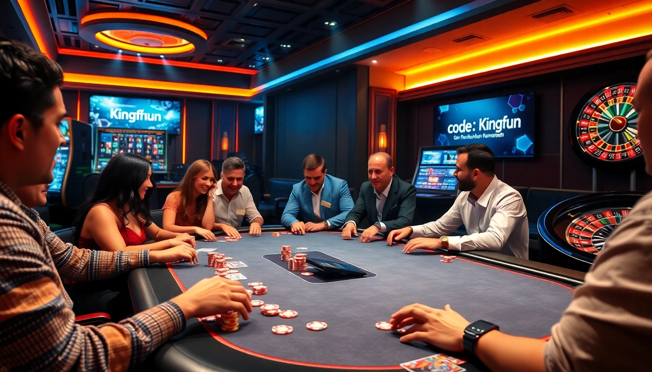 Players engaging with poker chips and cards at a casino, featuring code Kingfun benefits.