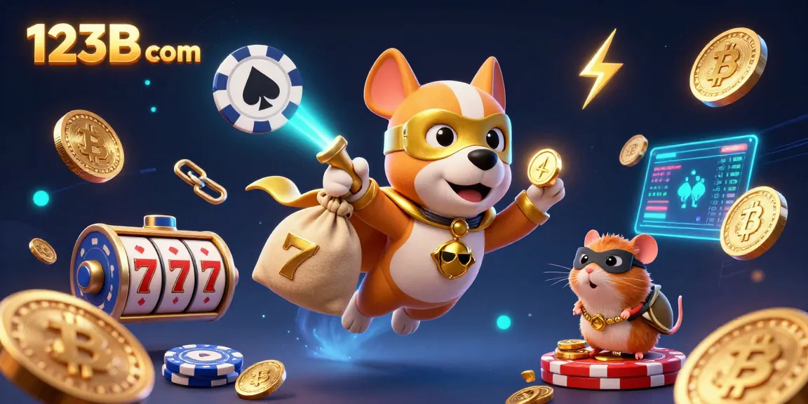 Engage with thrilling casino excitement at 123B com, featuring a superhero dog and hamster amidst vibrant gambling elements.