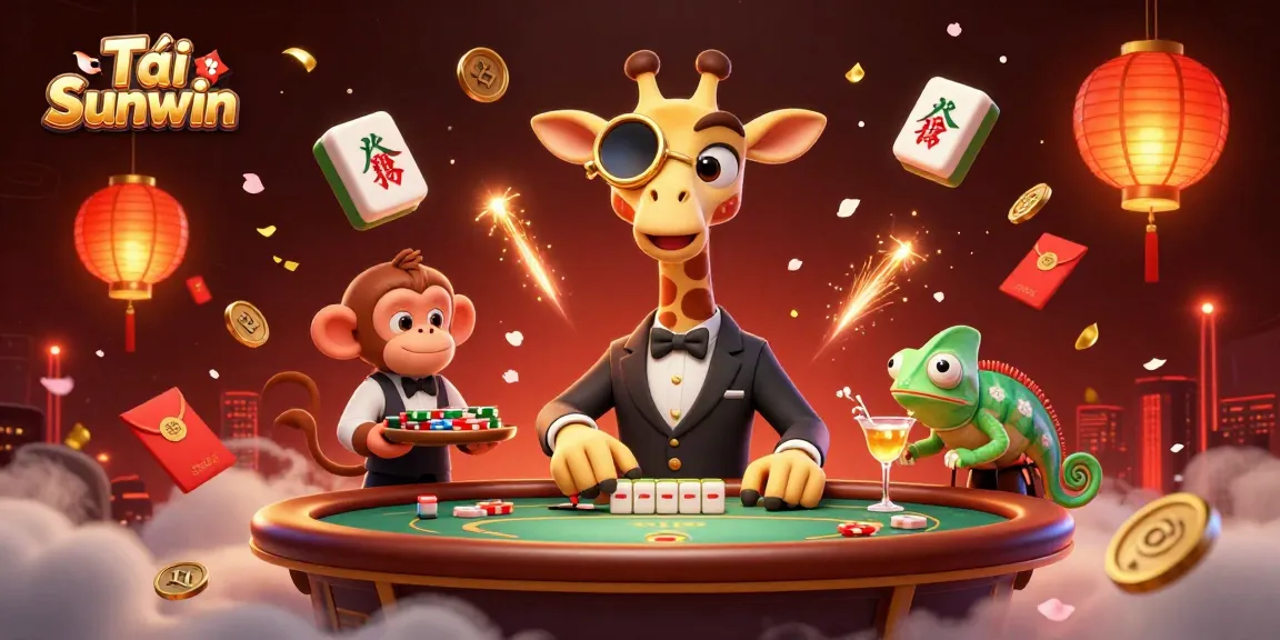 Tải Sunwin features a high-roller giraffe at a poker table surrounded by vibrant casino elements.