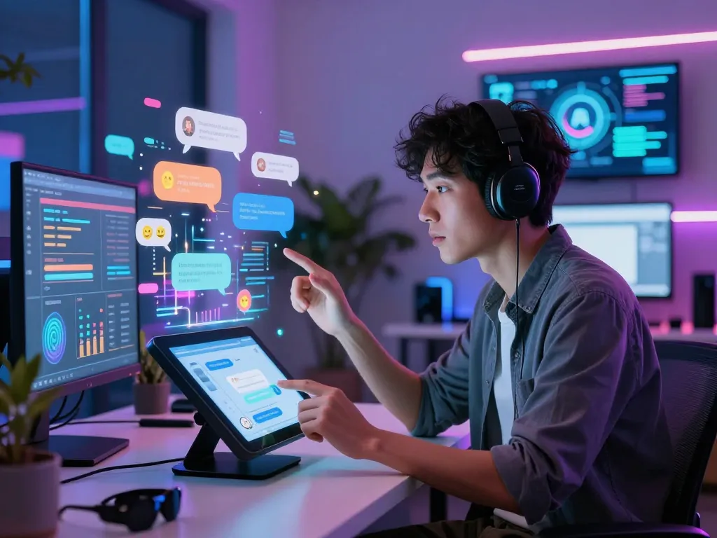 Engaging user exploring AI sex chat on a futuristic touchscreen interface.