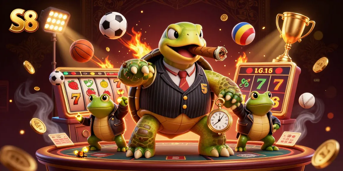 S8 casino features a 3D turtle and bullfrogs with vibrant slots and sports elements in dynamic action.